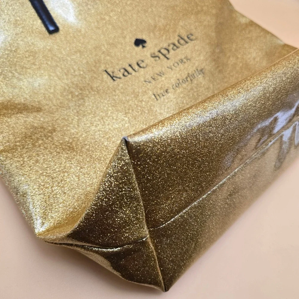 Kate Spade Live Colorfully Gold Glitter Tote Bag Black Patent Handles Large